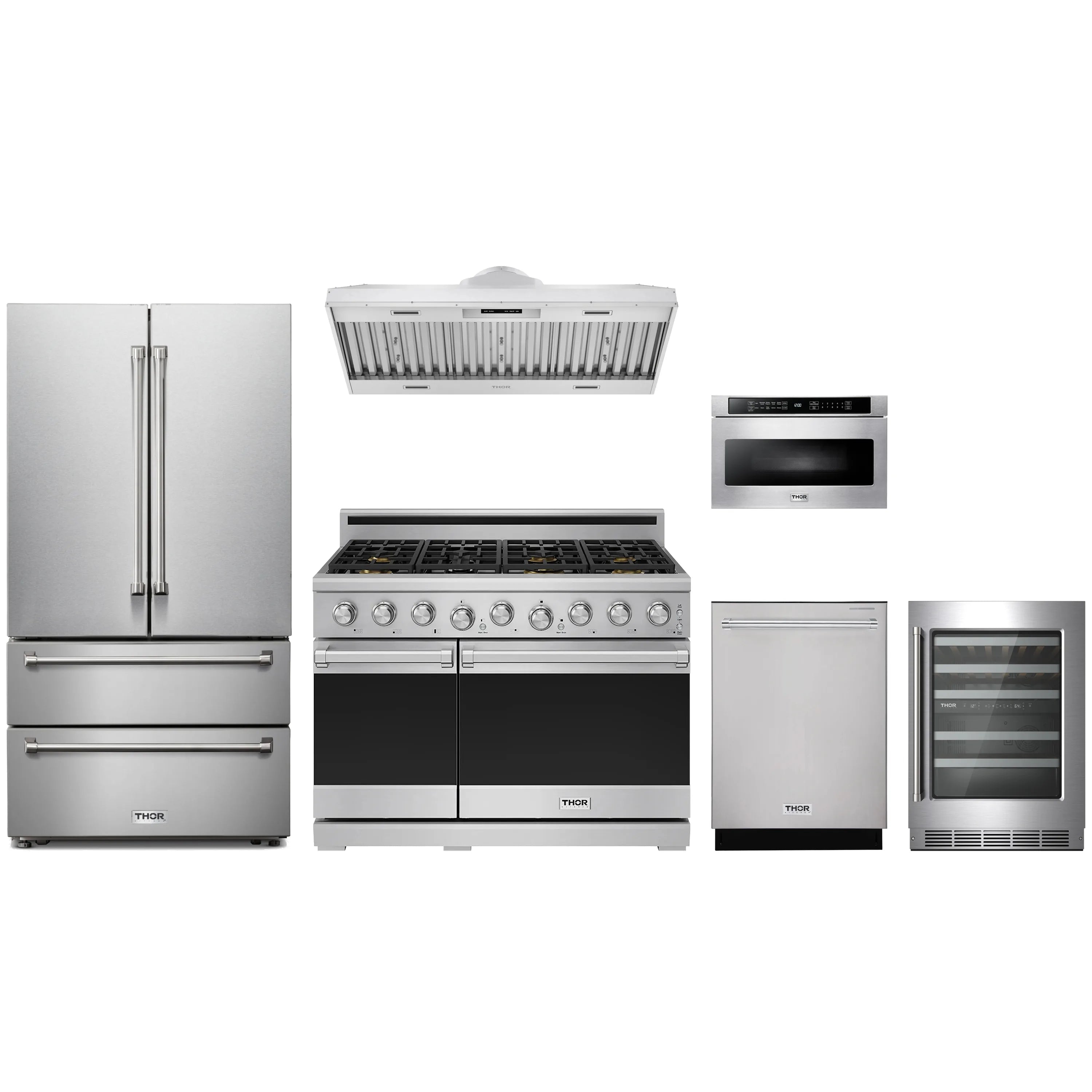 Stainless steel appliance package with French door refrigerator and gas range