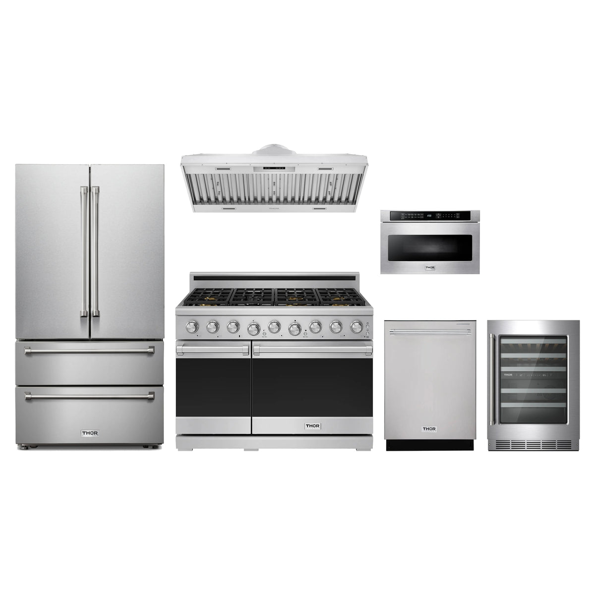 Thor Kitchen 6-Piece Appliance Package - 48-Inch Natural Gas Range, French Door Refrigerator, Hood Insert, Dishwasher, Microwave Drawer, & Wine Cooler in Stainless Steel