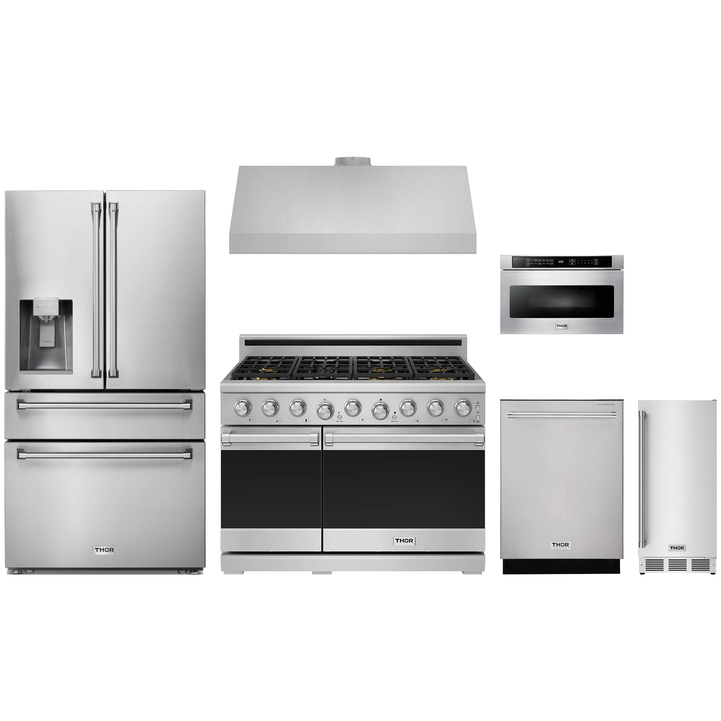 Stainless steel Thor Kitchen 6-piece appliance package with gas range, fridge, hood, dishwasher, microwave