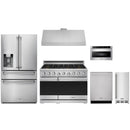 Stainless steel Thor Kitchen appliance package with 48-inch range, range hood, refrigerator with water dispenser, dishwasher, microwave drawer, ice maker