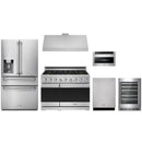 Stainless steel Thor Kitchen appliance package with 48-inch range, range hood, refrigerator with water dispenser, dishwasher, microwave drawer, wine cooler