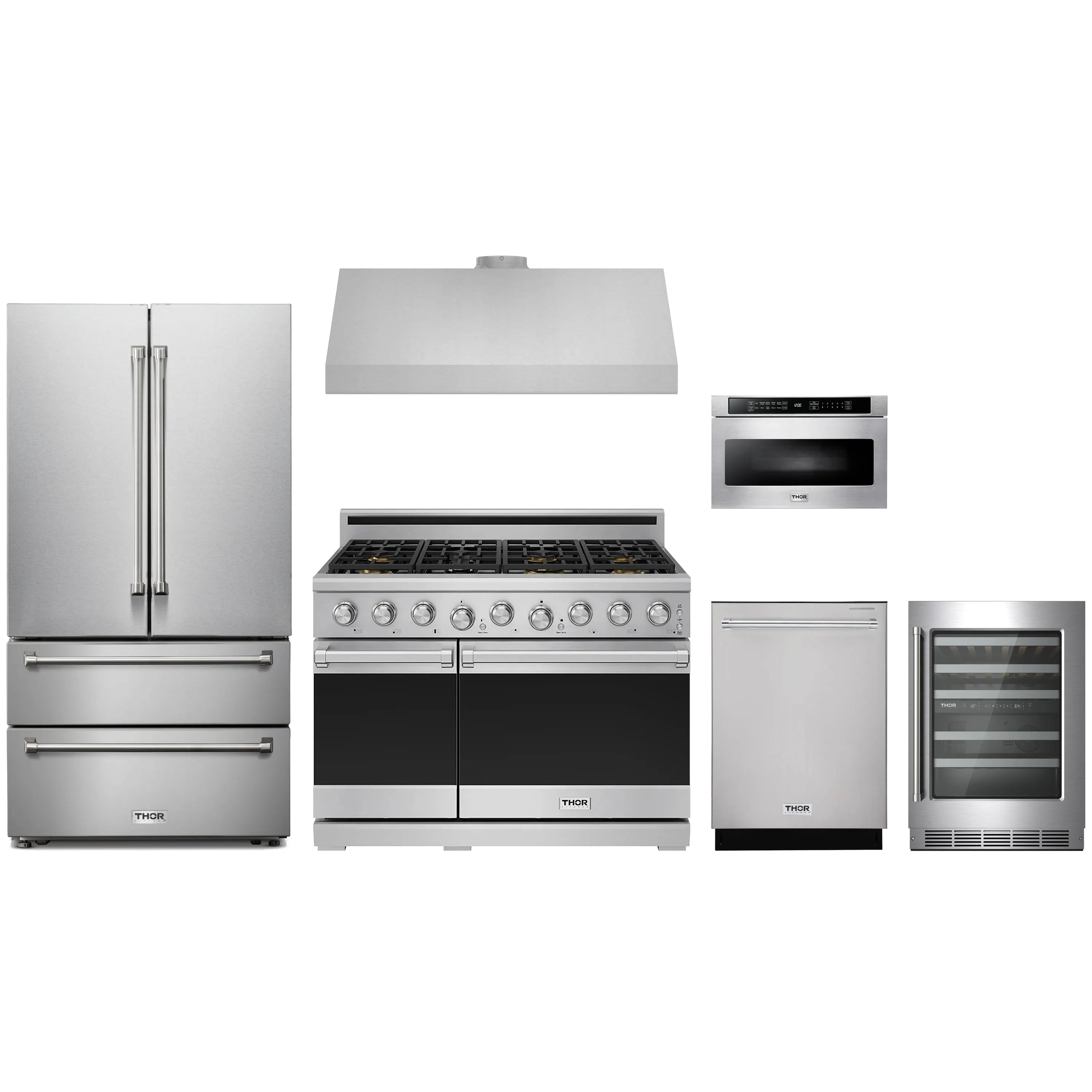 Thor Kitchen stainless steel appliance package featuring propane gas range and refrigerator