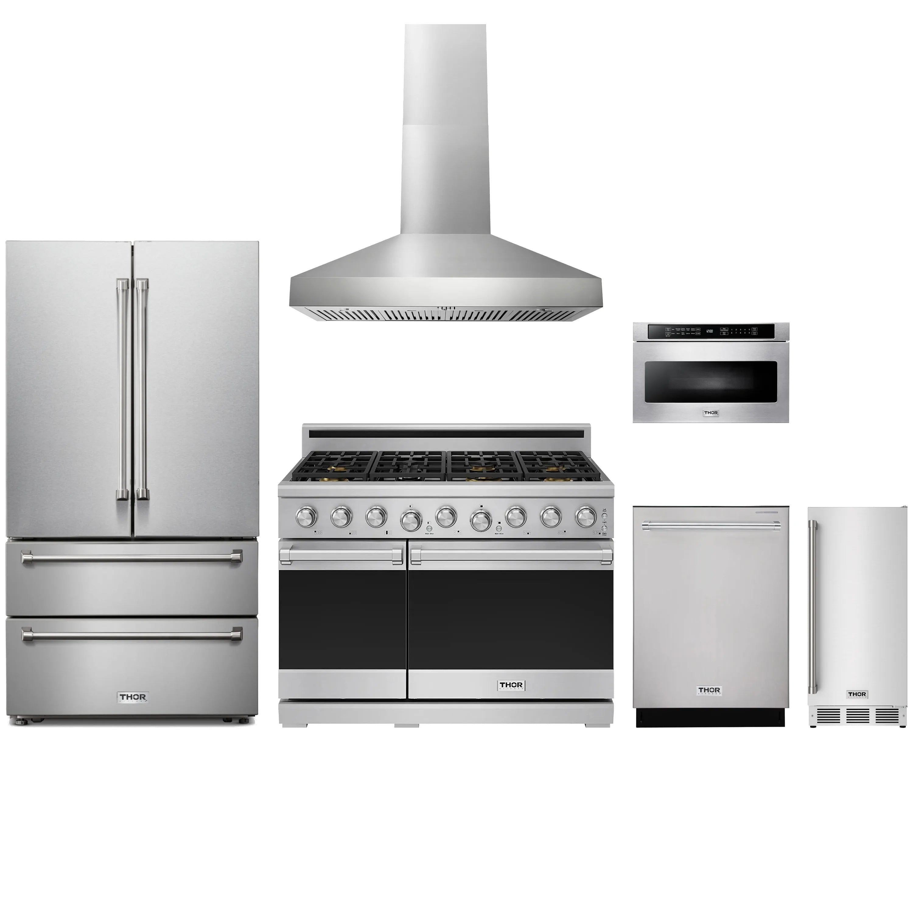 Stainless steel kitchen appliance package with gas range, hood, refrigerator, and dishwasher