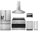 Stainless steel Thor Kitchen appliance package with 48-inch range, range hood, refrigerator with water dispenser, dishwasher, microwave drawer, ice maker
