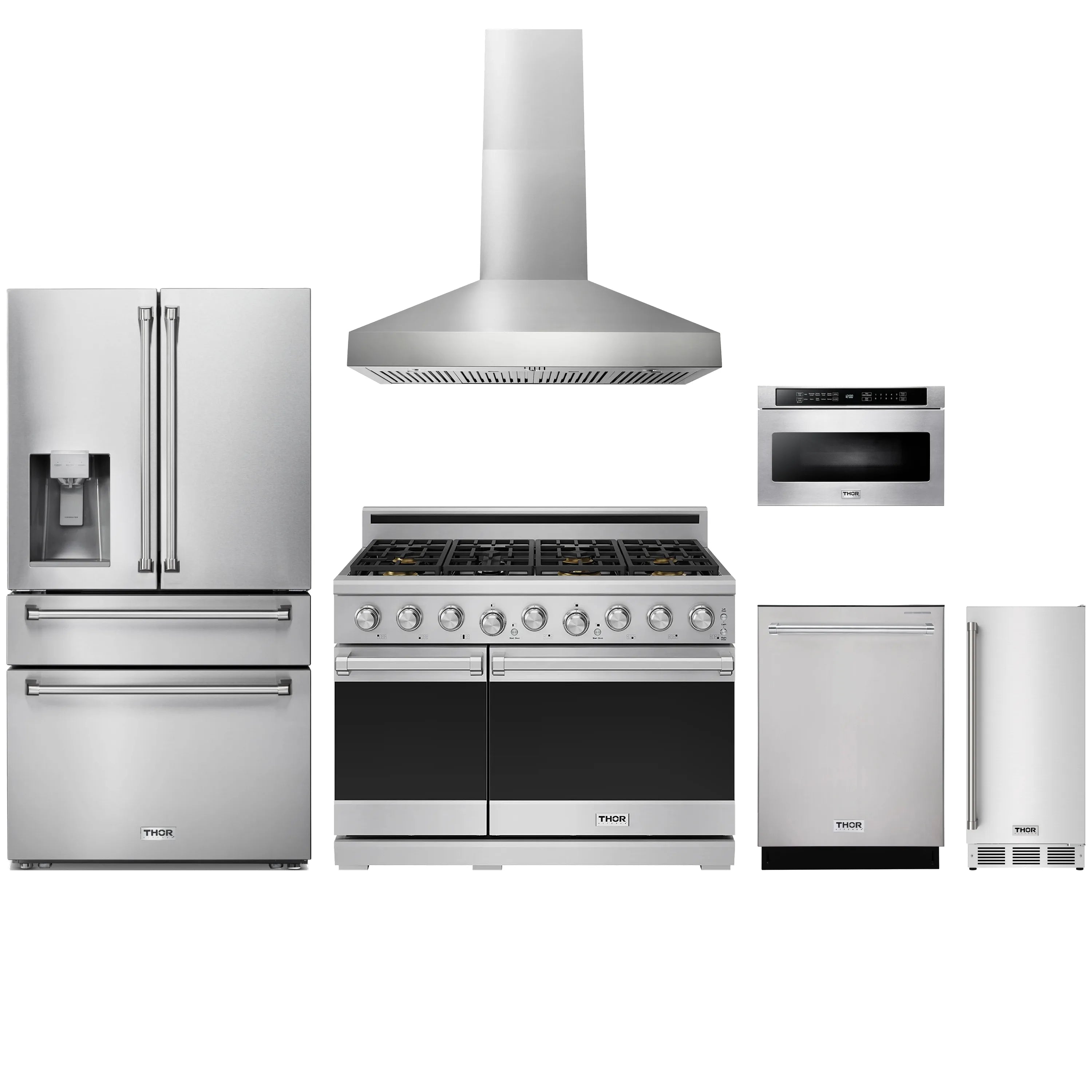 Stainless steel kitchen appliance package with gas range, hood, refrigerator, dishwasher, microwave
