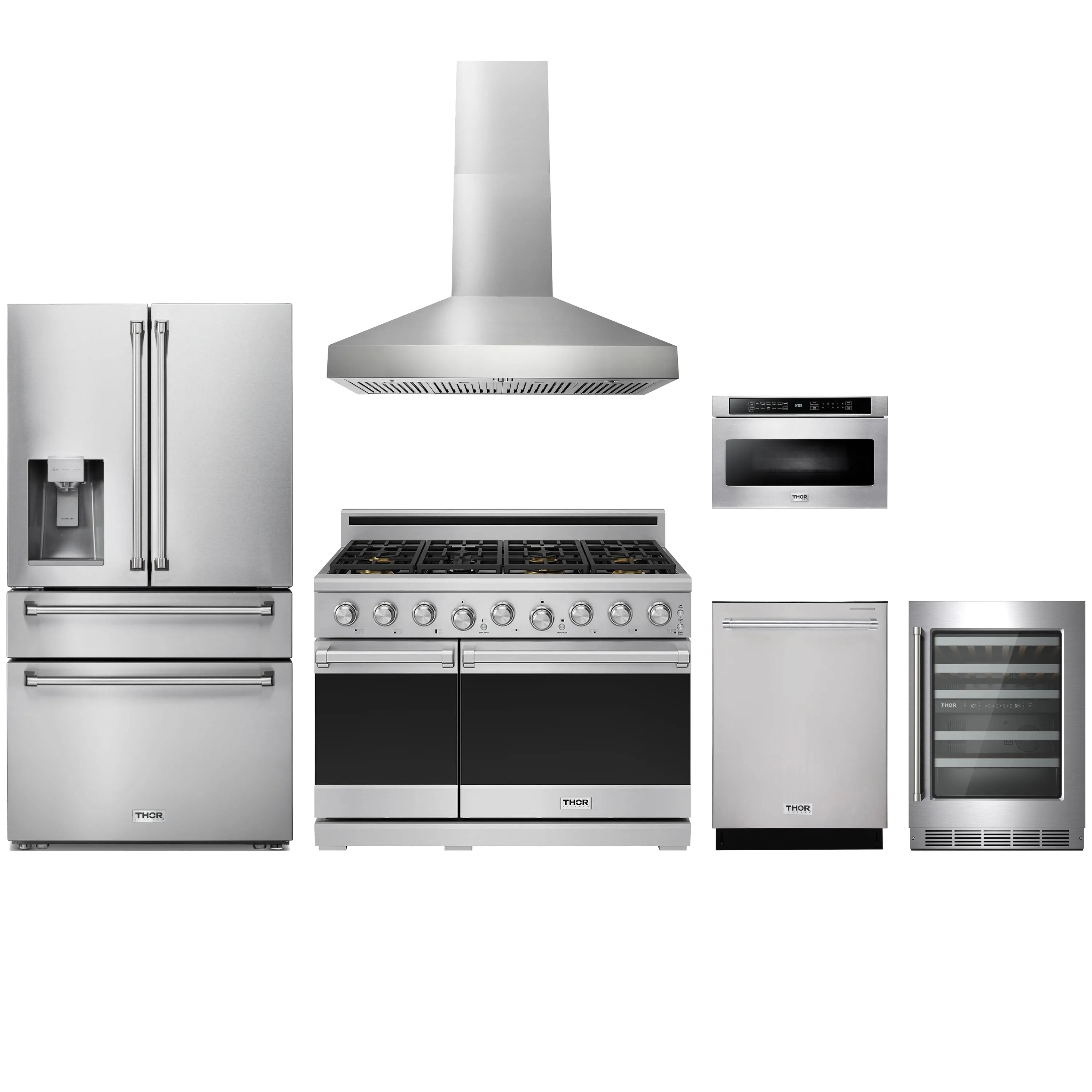 Stainless steel appliance package with range, hood, dishwasher, microwave drawer, and more