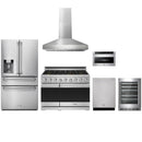 Stainless steel Thor Kitchen appliance package with 48-inch range, range hood, refrigerator with water dispenser, dishwasher, microwave drawer, wine cooler