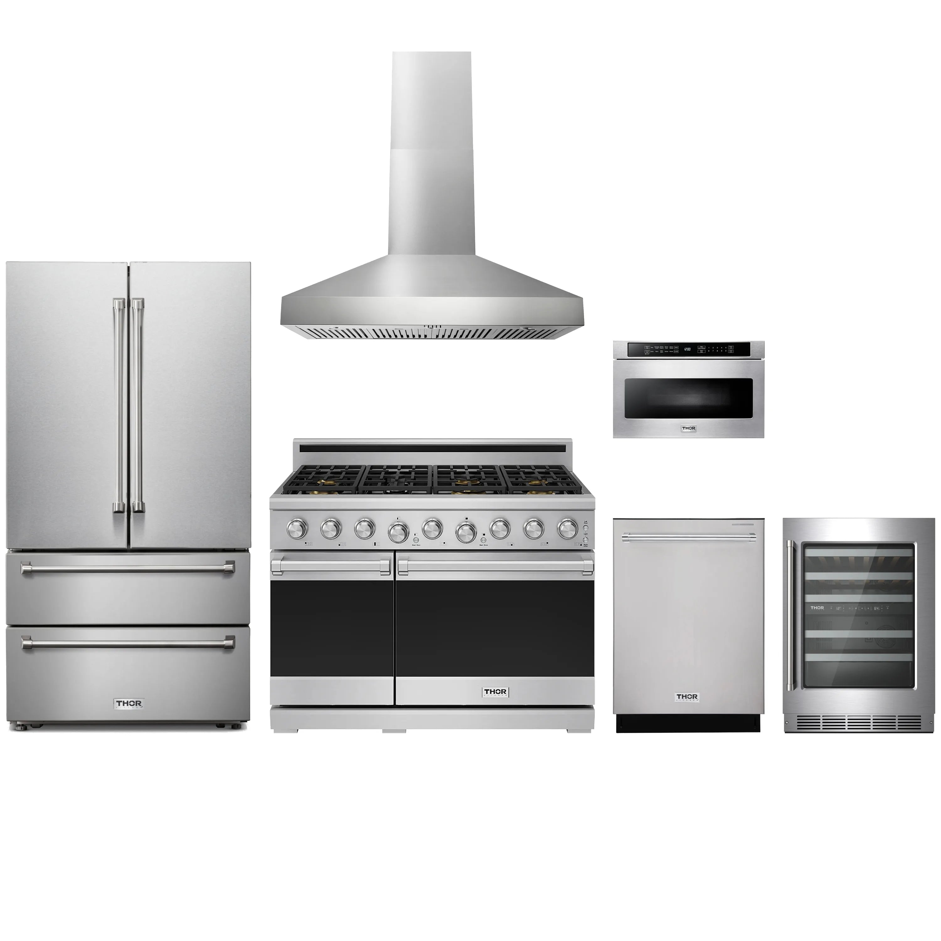 Stainless steel appliance package with gas range, fridge, hood, dishwasher, microwave, wine cooler