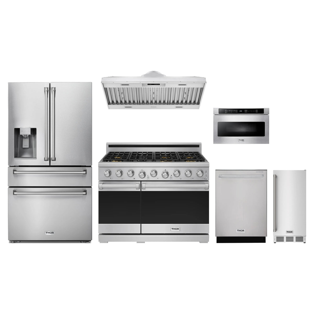 Thor Kitchen 6-Piece Appliance Package - 48-Inch Propane Gas Range, Refrigerator with Water Dispenser, Hood Insert, Dishwasher, Microwave Drawer, & Ice Maker in Stainless Steel