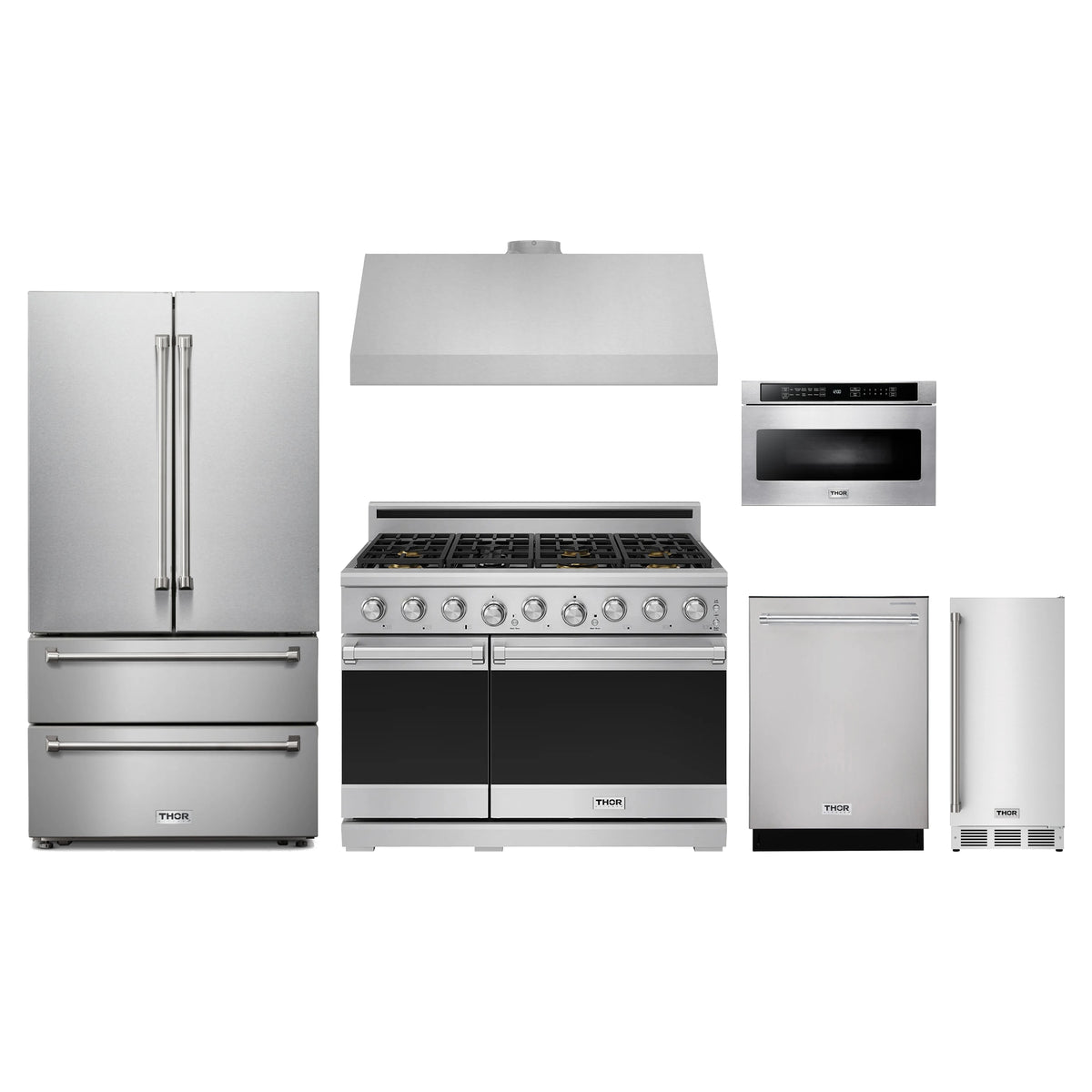 Thor Kitchen 6-Piece Appliance Package - 48-Inch Propane Gas Range, French Door Refrigerator, Under Cabinet Hood, Dishwasher, Microwave Drawer, & Ice Maker in Stainless Steel
