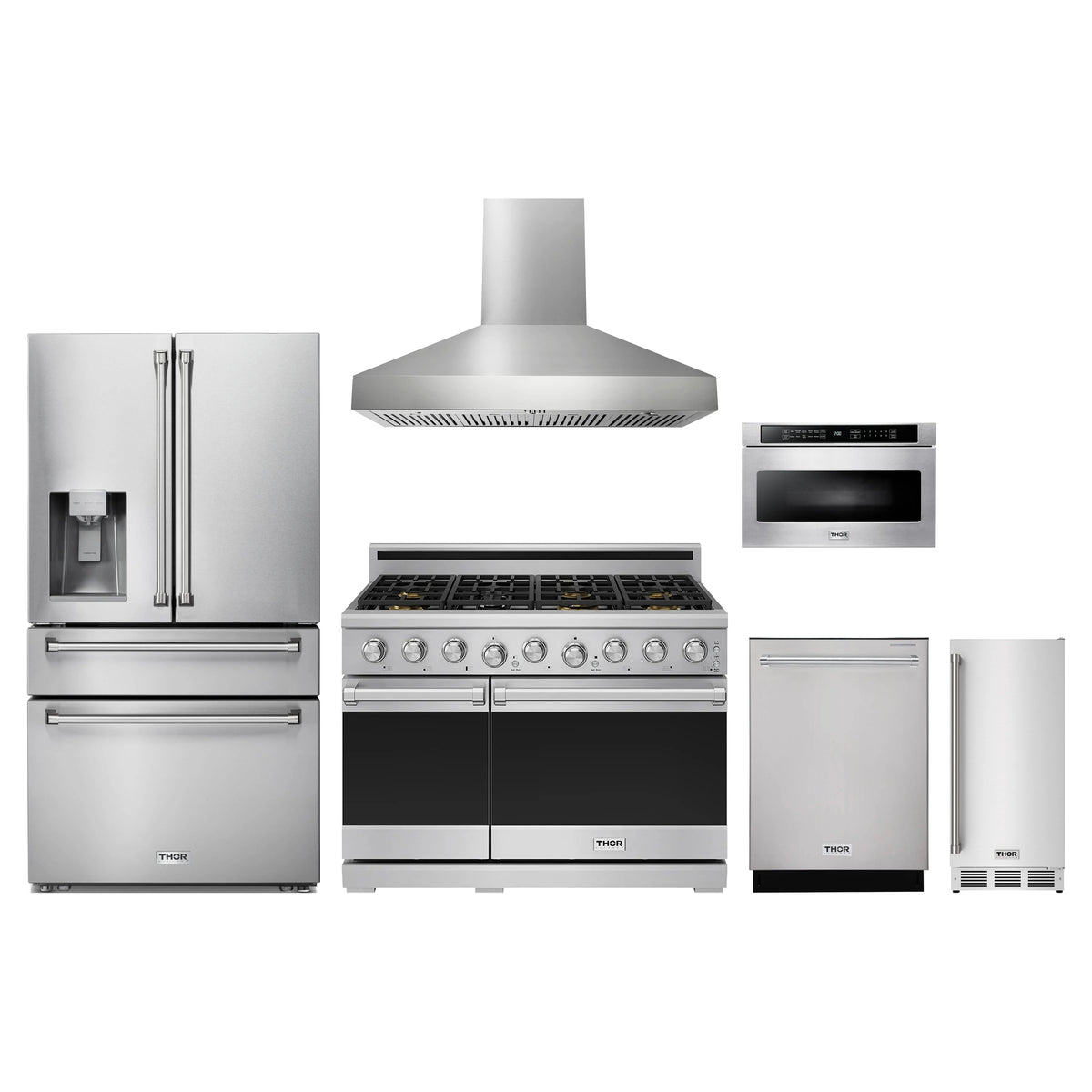 Thor Kitchen 6-Piece Appliance Package - 48-Inch Propane Gas Range, Refrigerator with Water Dispenser, Wall Mount Hood, Dishwasher, Microwave Drawer, & Ice Maker in Stainless Steel