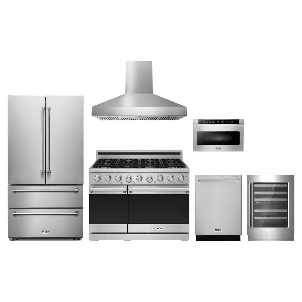 Thor Kitchen 6-Piece Appliance Package - 48-Inch Propane Gas Range, French Door Refrigerator, Wall Mount Hood, Dishwasher, Microwave Drawer, & Wine Cooler in Stainless Steel