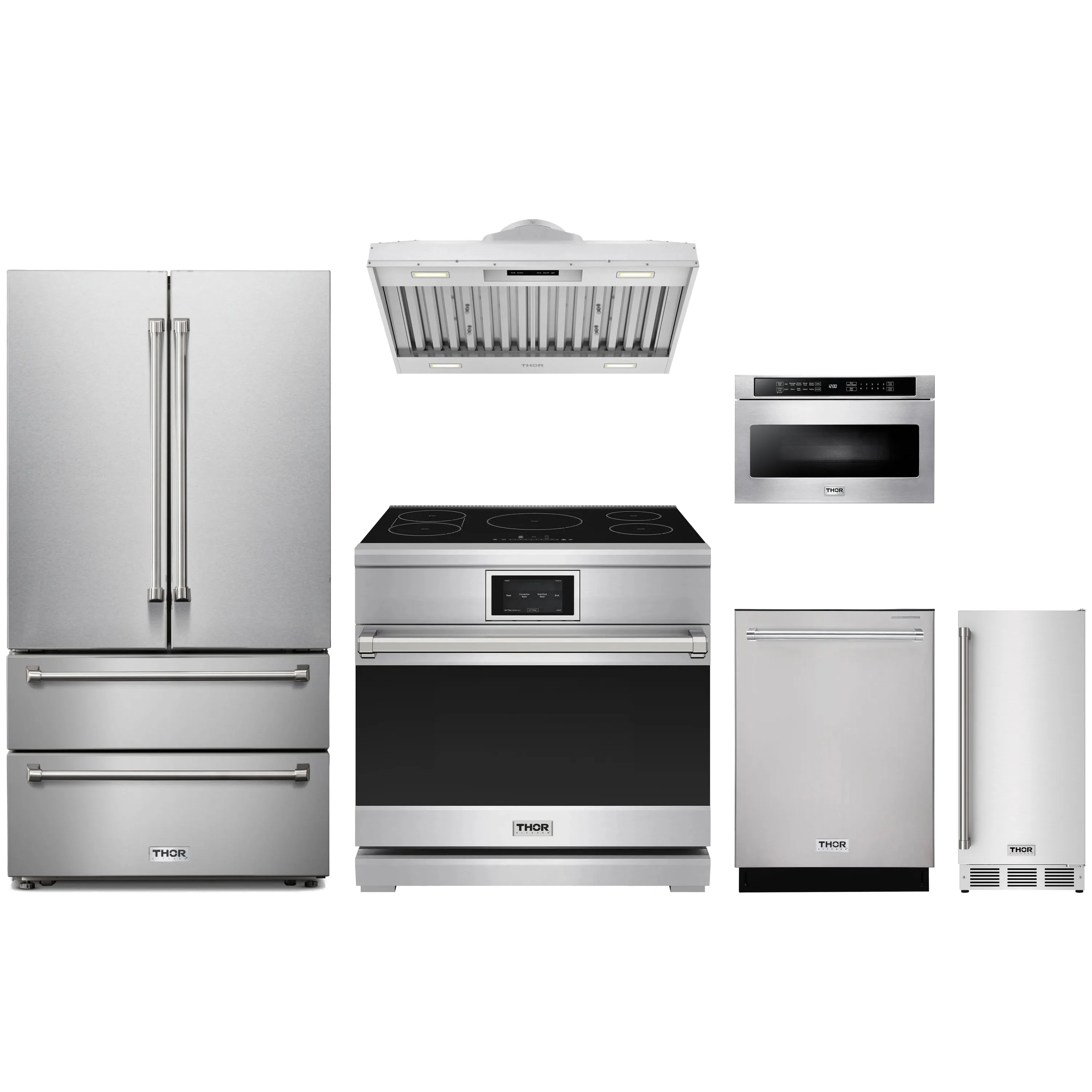 Stainless steel 6-piece appliance package with induction range, French door fridge, dishwasher