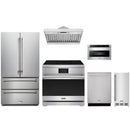 Stainless steel Thor Kitchen appliance package with 36-inch range, range hood, french door refrigerator, dishwasher, microwave drawer, ice maker