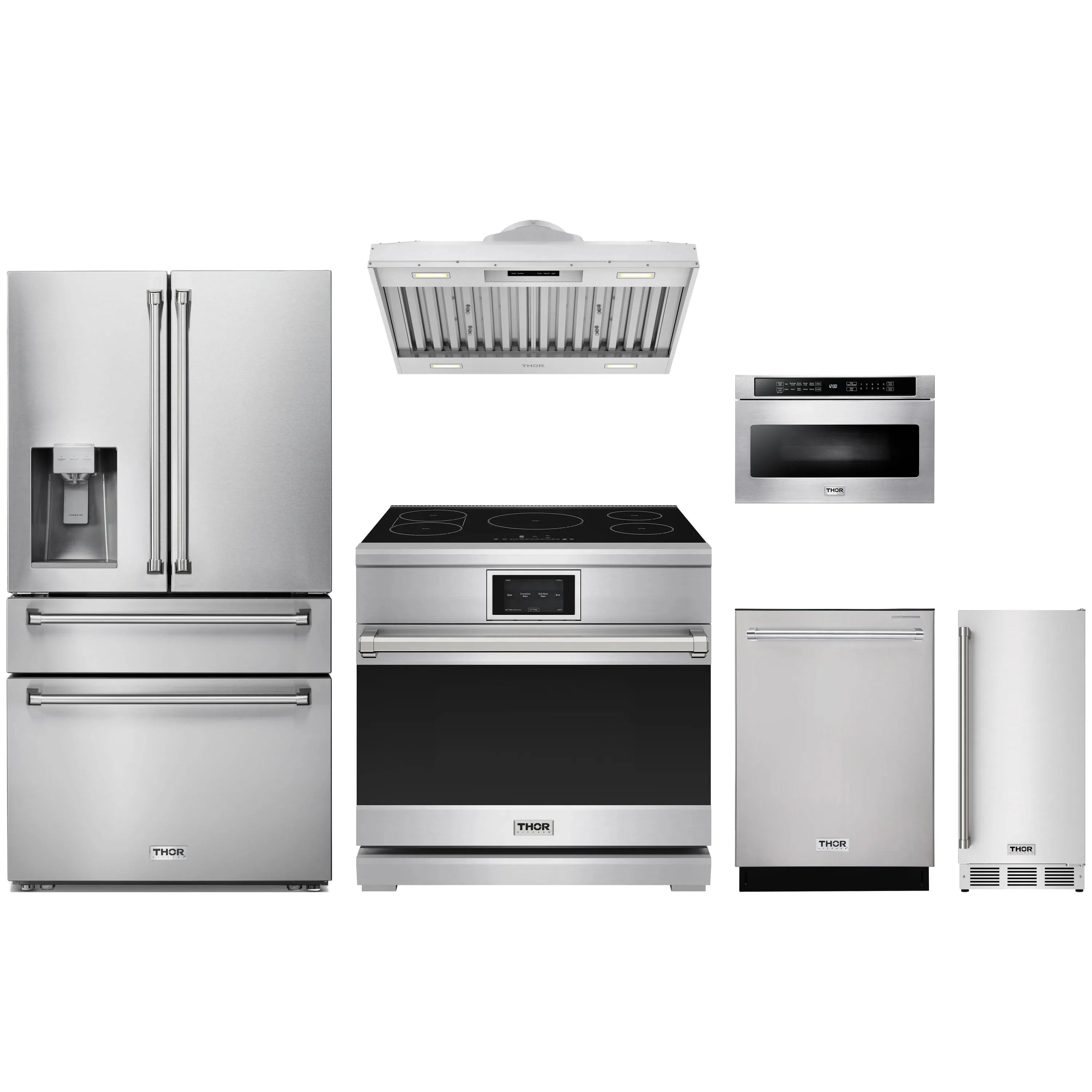 Stainless steel 6-piece appliance package with induction range, refrigerator, dishwasher fronts