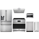 Stainless steel Thor Kitchen appliance package with 36-inch range, range hood, refrigerator with water dispenser, dishwasher, microwave drawer, ice maker