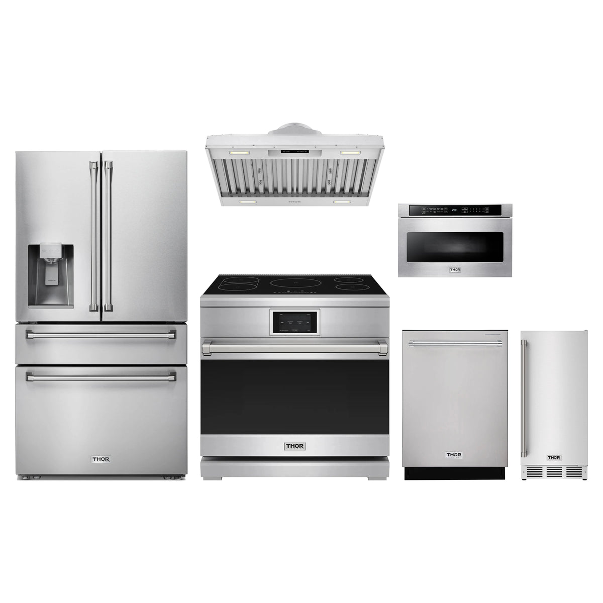 Thor Kitchen 6-Piece Appliance Package - 36-Inch Induction Range, Refrigerator with Water Dispenser, Hood Insert, Dishwasher, Microwave Drawer, & Ice Maker in Stainless Steel