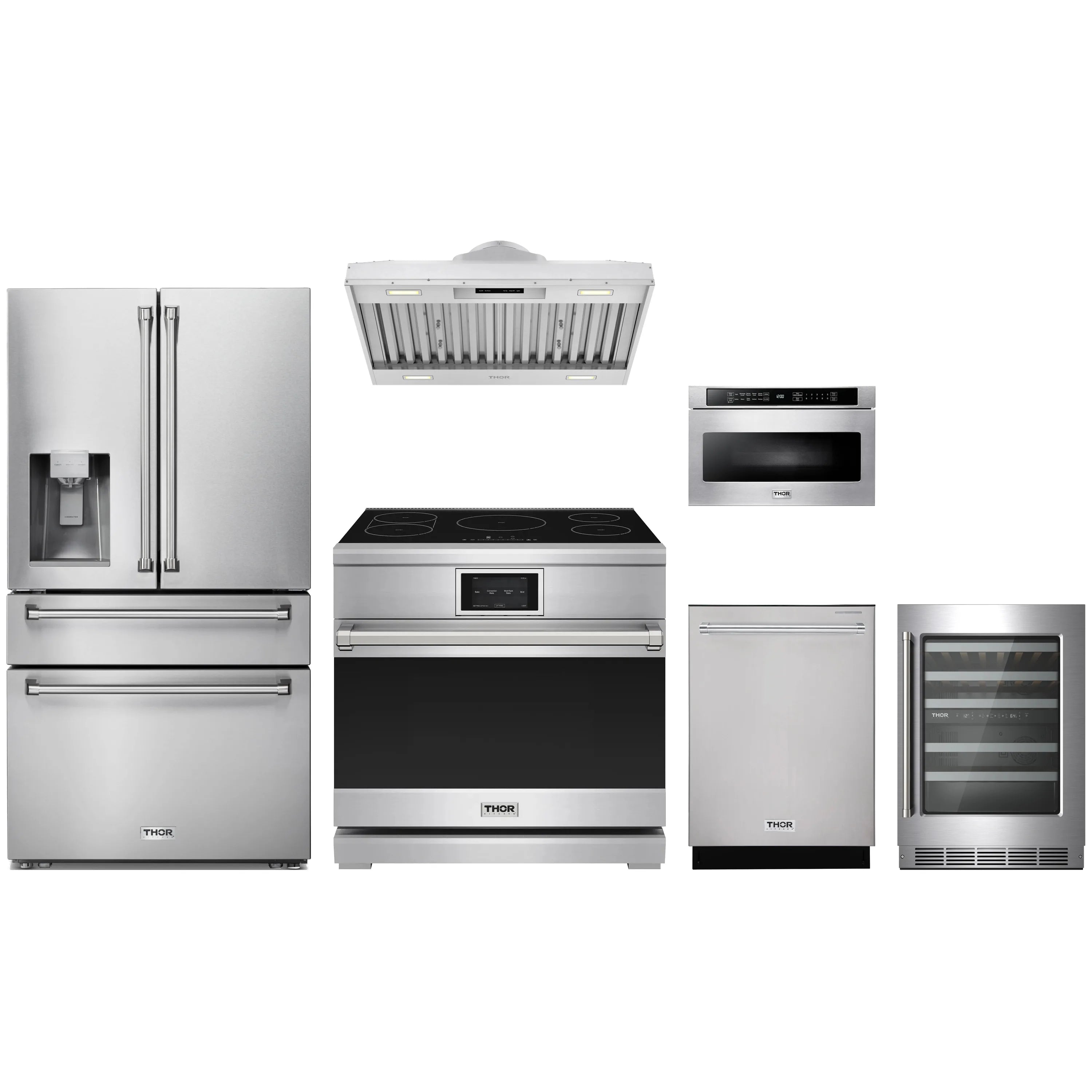 Stainless steel induction range with cooktop, oven door, and control panel