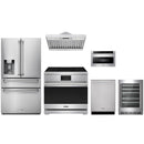 Stainless steel Thor Kitchen appliance package with 36-inch range, range hood, refrigerator with water dispenser, dishwasher, microwave drawer, wine cooler