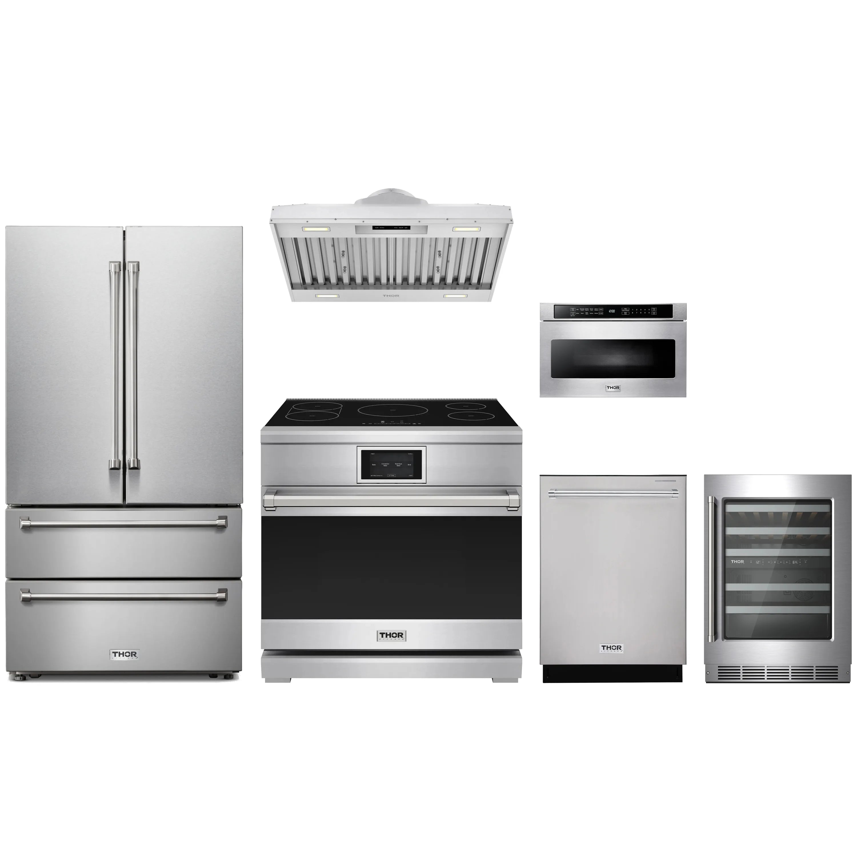 Stainless steel induction range with black glass cooktop and open oven door