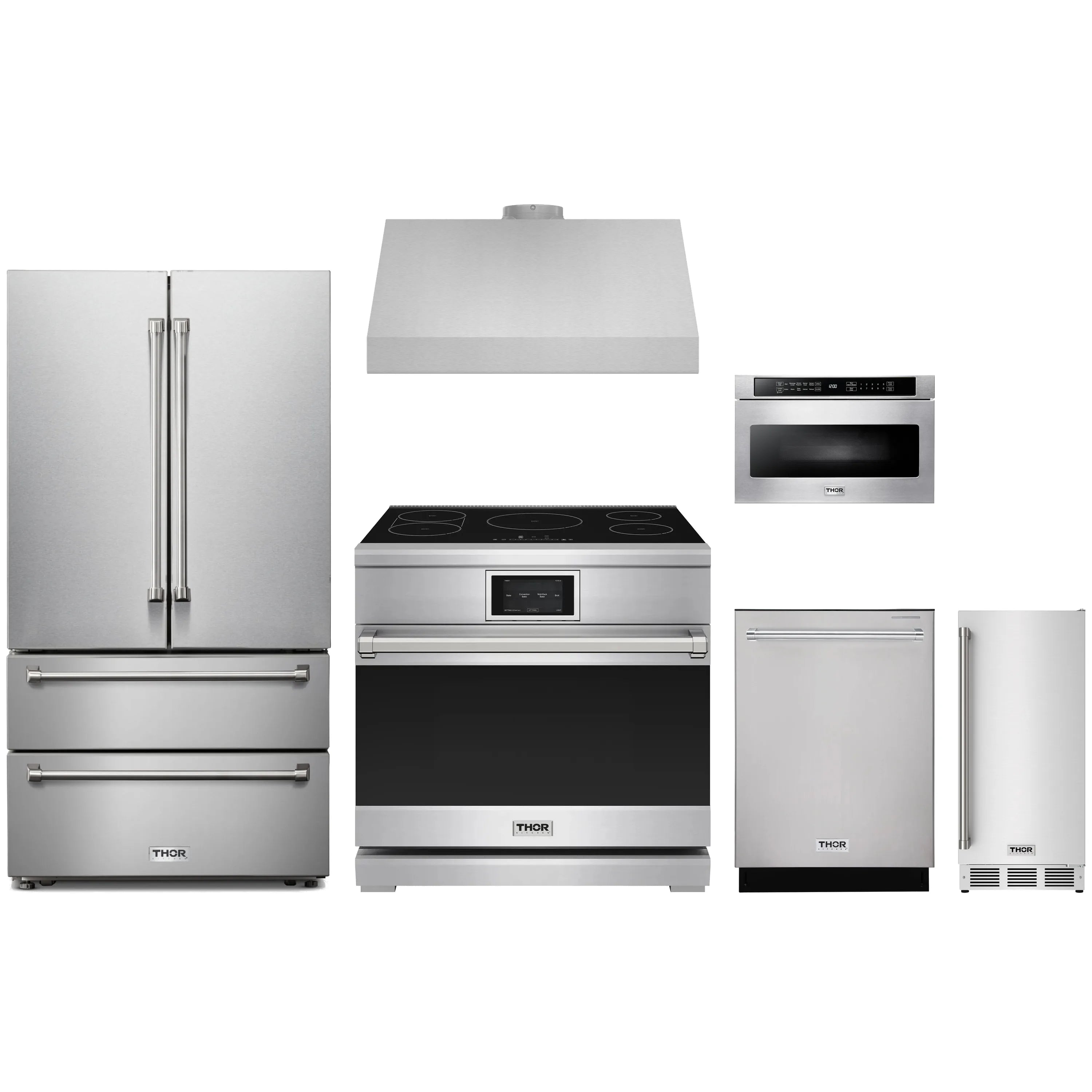 Stainless steel kitchen appliance package featuring an induction range, refrigerator, and hood