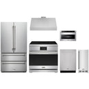 Stainless steel Thor Kitchen appliance package with 36-inch range, range hood, french door refrigerator, dishwasher, microwave drawer, ice maker