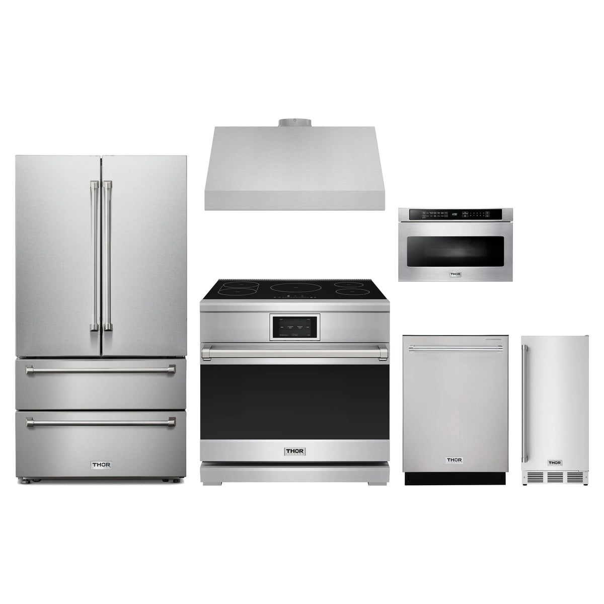 Thor Kitchen 6-Piece Appliance Package - 36-Inch Induction Range, French Door Refrigerator, Under Cabinet Hood, Dishwasher, Microwave Drawer, & Ice Maker in Stainless Steel