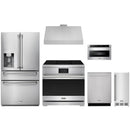 Stainless steel Thor Kitchen appliance package with 36-inch range, range hood, refrigerator with water dispenser, dishwasher, microwave drawer, ice maker