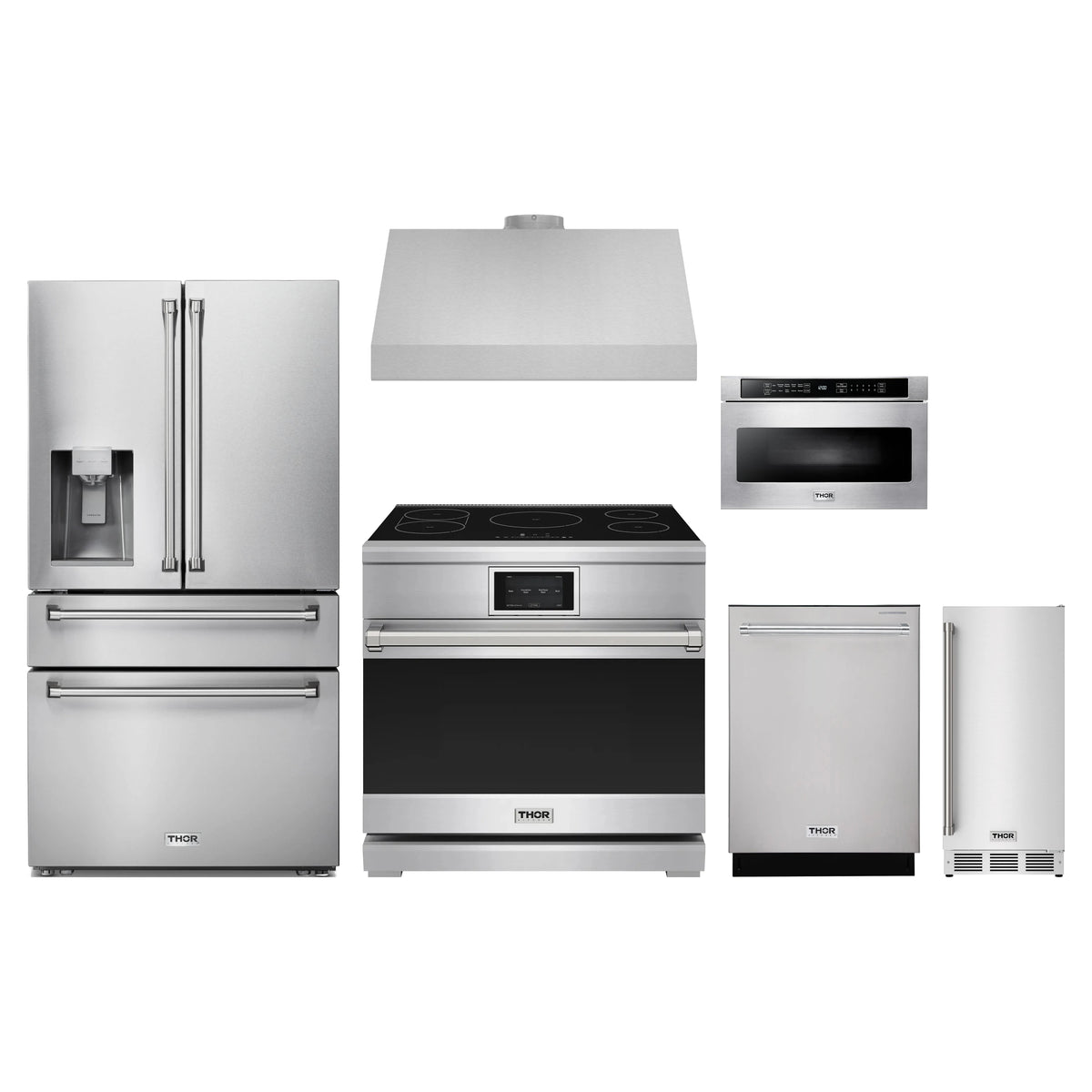 Thor Kitchen 6-Piece Appliance Package - 36-Inch Induction Range, Refrigerator with Water Dispenser, Under Cabinet Hood, Dishwasher, Microwave Drawer, & Ice Maker in Stainless Steel