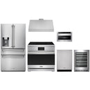 Stainless steel Thor Kitchen appliance package with 36-inch range, range hood, refrigerator with water dispenser, dishwasher, microwave drawer, wine cooler