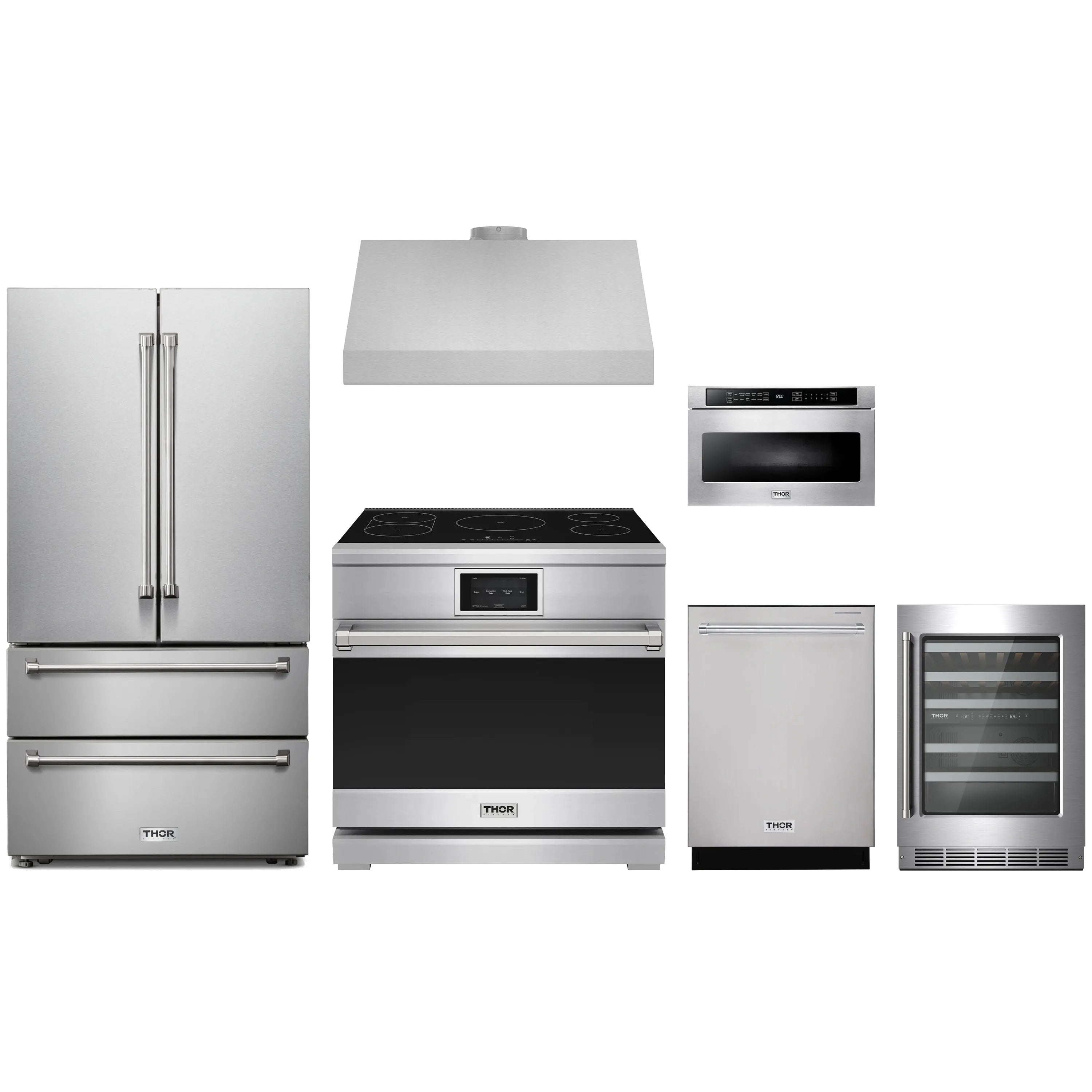 Stainless steel appliance package with induction range, refrigerator, hood, microwave, dishwasher