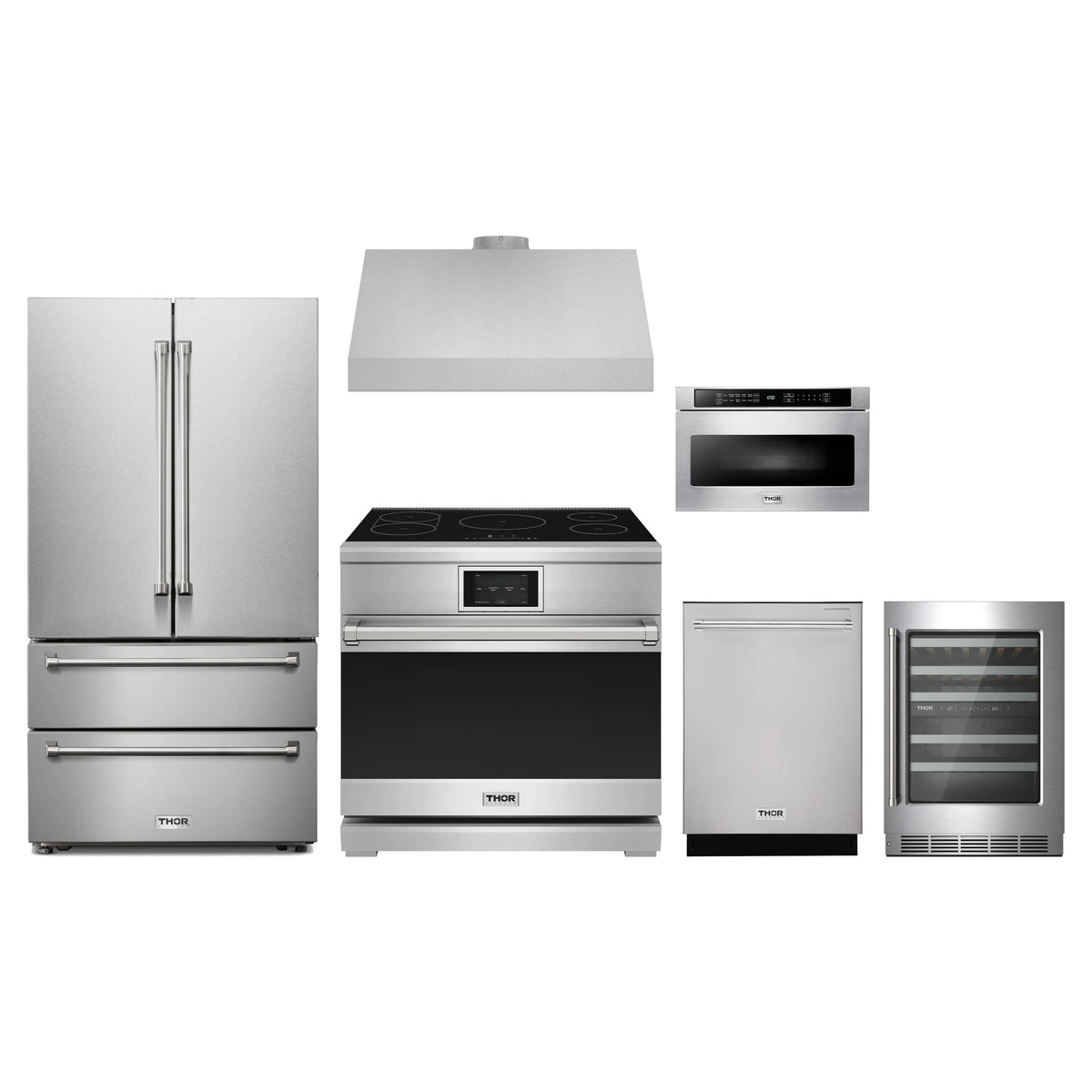 Thor Kitchen 6-Piece Appliance Package - 36-Inch Induction Range, French Door Refrigerator, Under Cabinet Hood, Dishwasher, Microwave Drawer, & Wine Cooler in Stainless Steel
