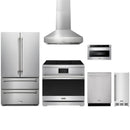Stainless steel Thor Kitchen appliance package with 36-inch range, range hood, french door refrigerator, dishwasher, microwave drawer, ice maker