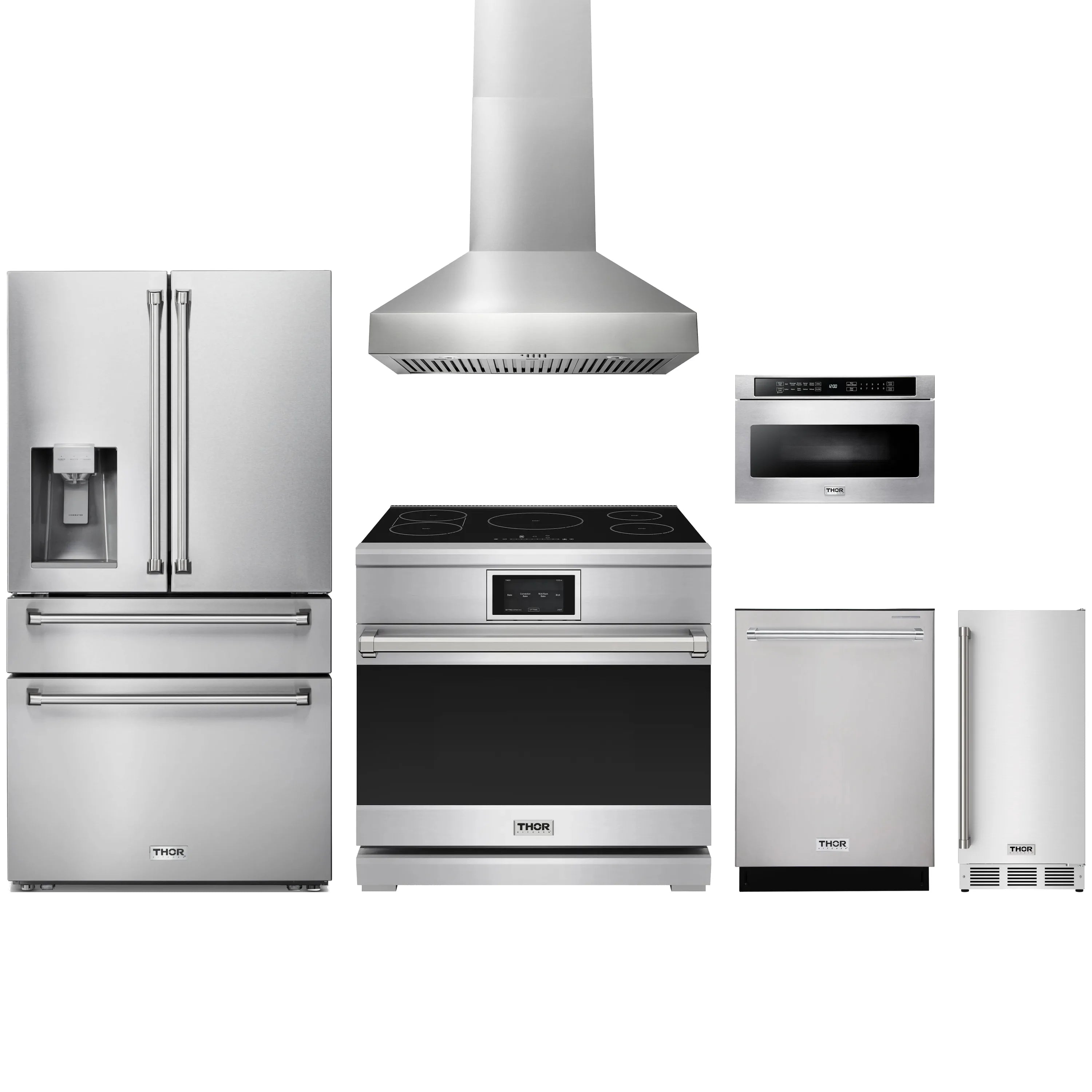 Stainless steel kitchen appliance set with induction range, hood, microwave drawer, dishwasher, fridge.