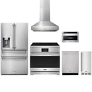 Stainless steel Thor Kitchen appliance package with 36-inch range, range hood, refrigerator with water dispenser, dishwasher, microwave drawer, ice maker