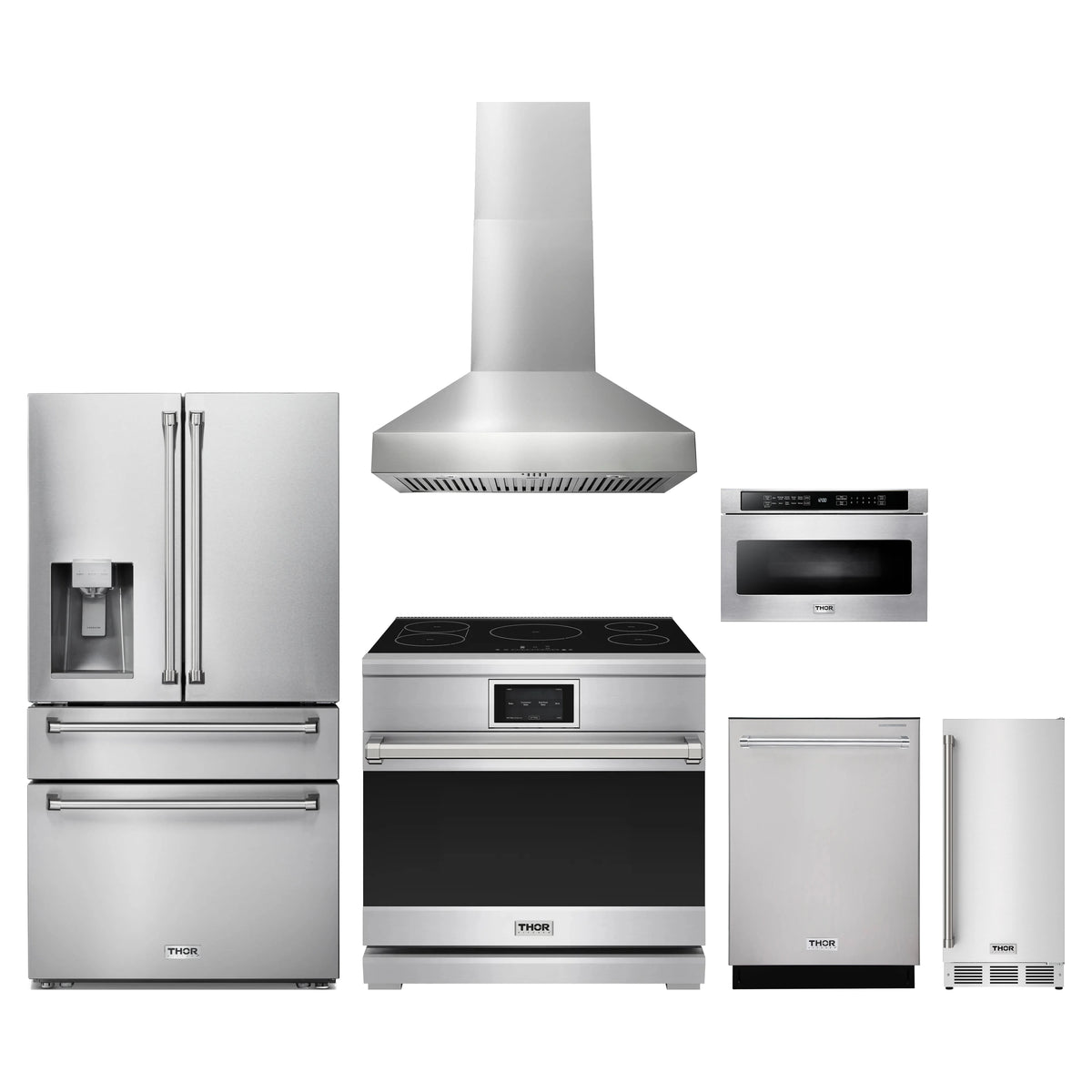 Thor Kitchen 6-Piece Appliance Package - 36-Inch Induction Range, Refrigerator with Water Dispenser, Wall Mount Hood, Dishwasher, Microwave Drawer, & Ice Maker in Stainless Steel