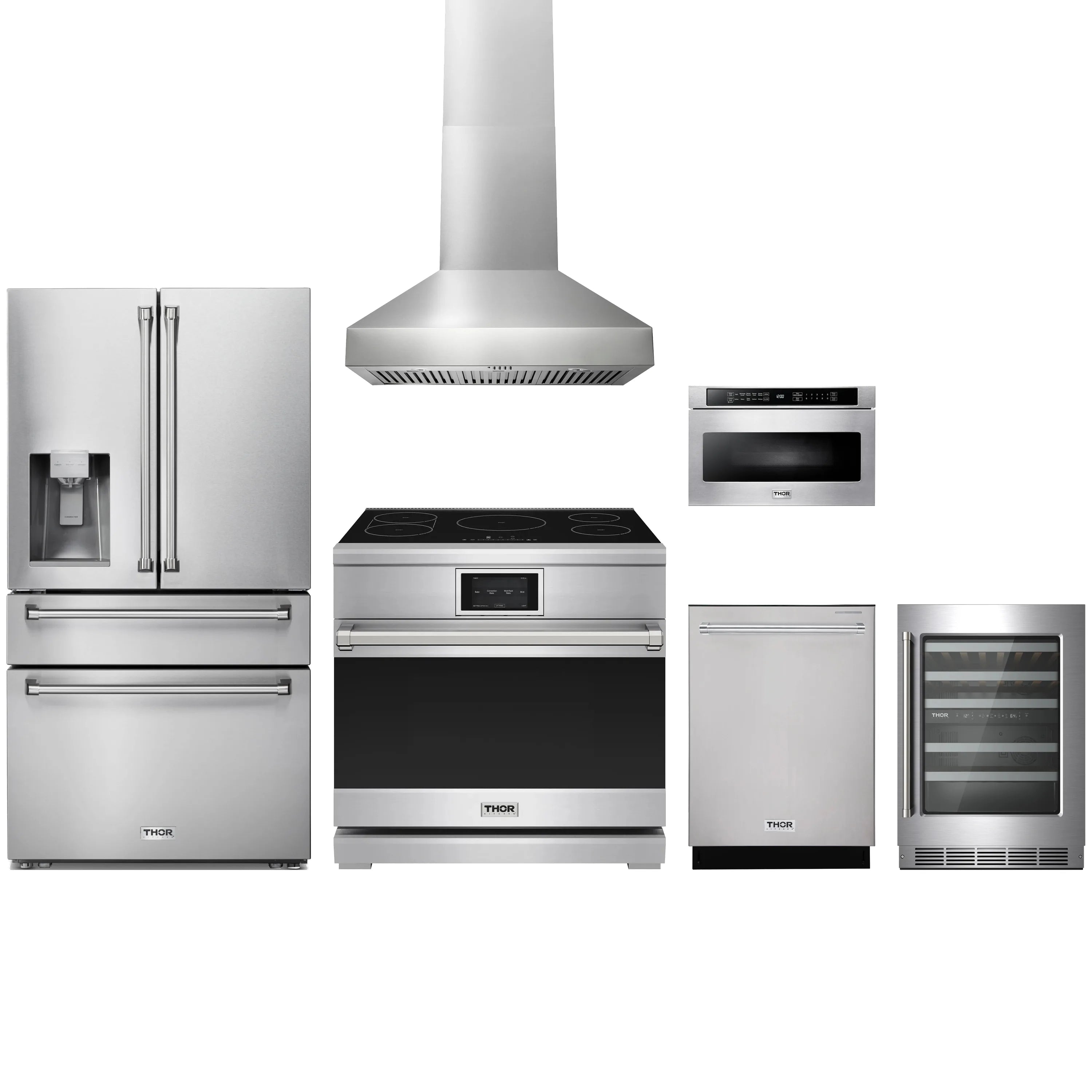Stainless steel kitchen appliance package with induction range, hood, refrigerator, and more