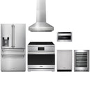 Stainless steel Thor Kitchen appliance package with 36-inch range, range hood, refrigerator with water dispenser, dishwasher, microwave drawer, wine cooler
