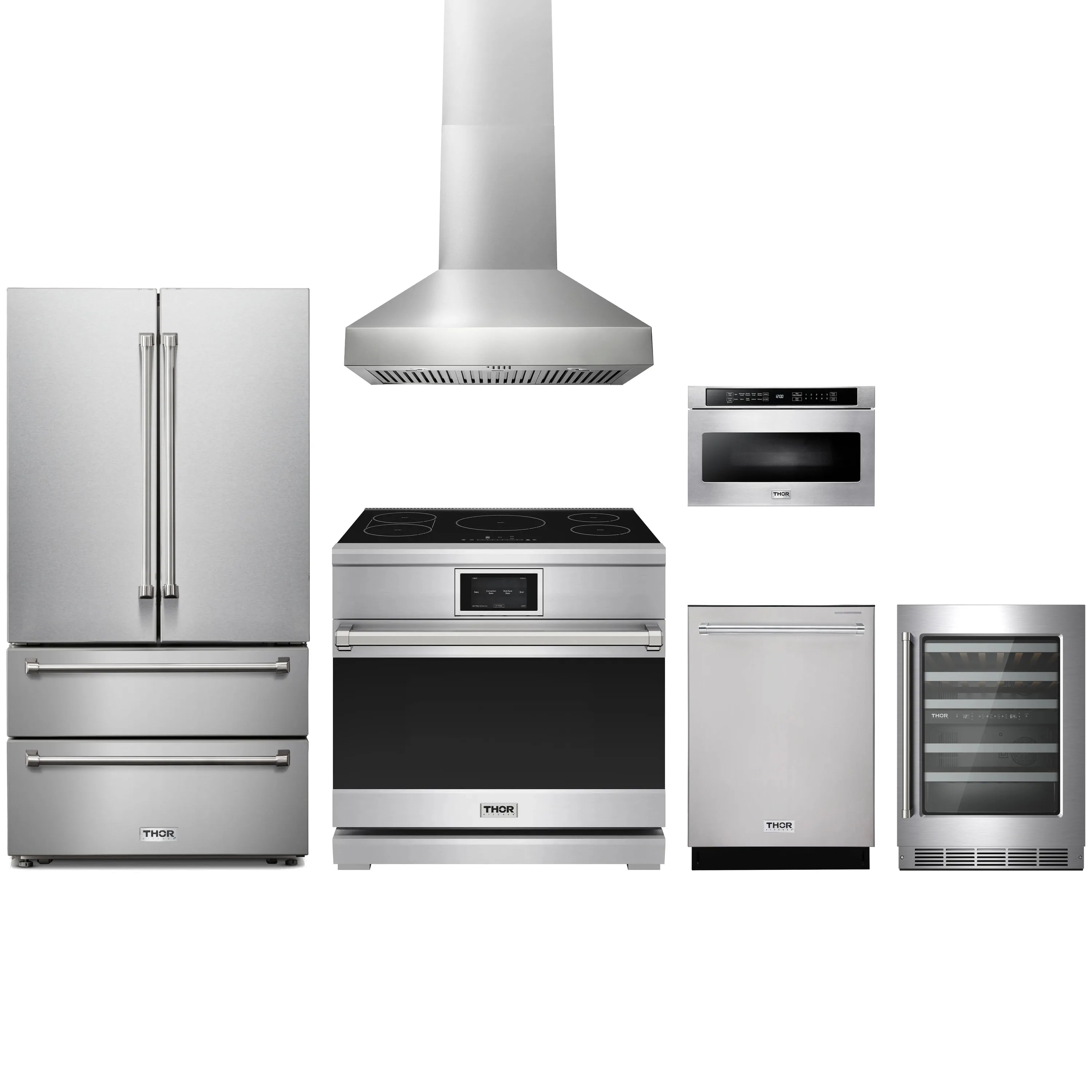 Stainless steel appliance package: induction range, fridge, hood, dishwasher, microwave, wine cooler