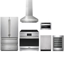 Stainless steel Thor Kitchen appliance package with 36-inch range, range hood, french door refrigerator, dishwasher, microwave drawer, wine cooler