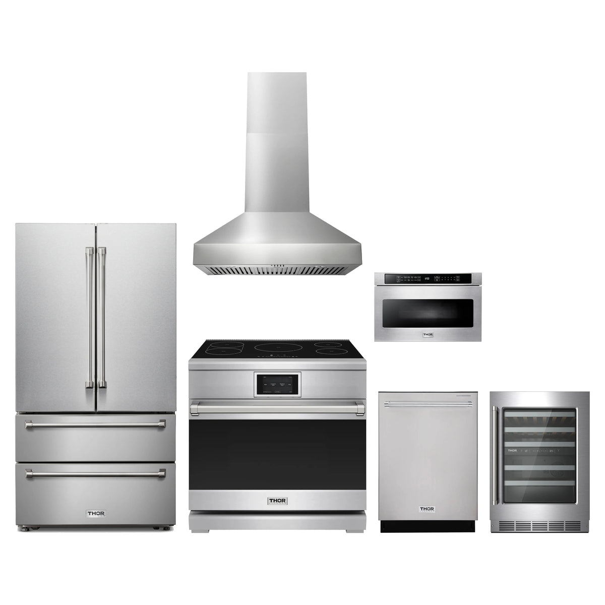 Thor Kitchen 6-Piece Appliance Package - 36-Inch Induction Range, French Door Refrigerator, Wall Mount Hood, Dishwasher, Microwave Drawer, & Wine Cooler in Stainless Steel