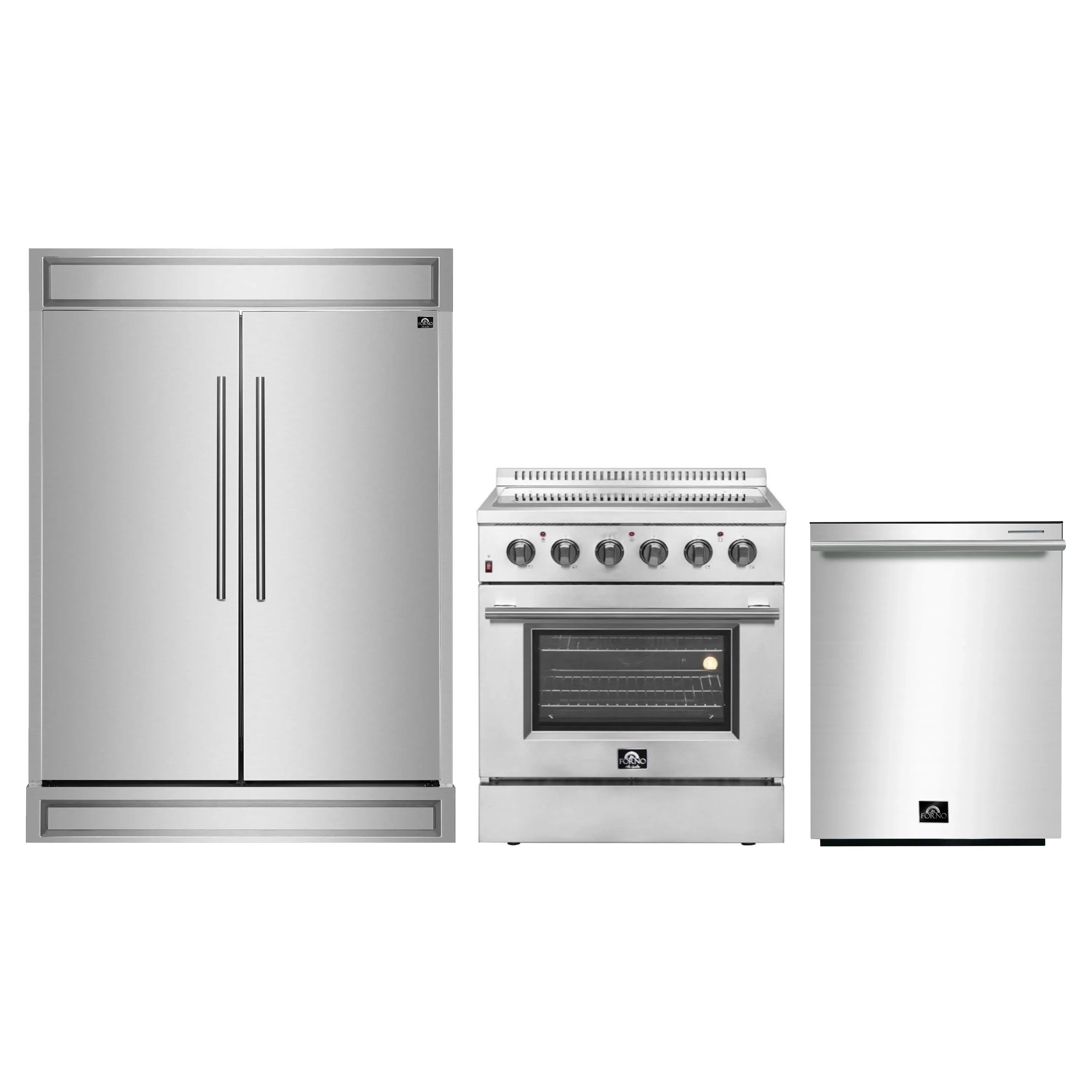 Stainless steel appliance package with refrigerator, electric range, and dishwasher