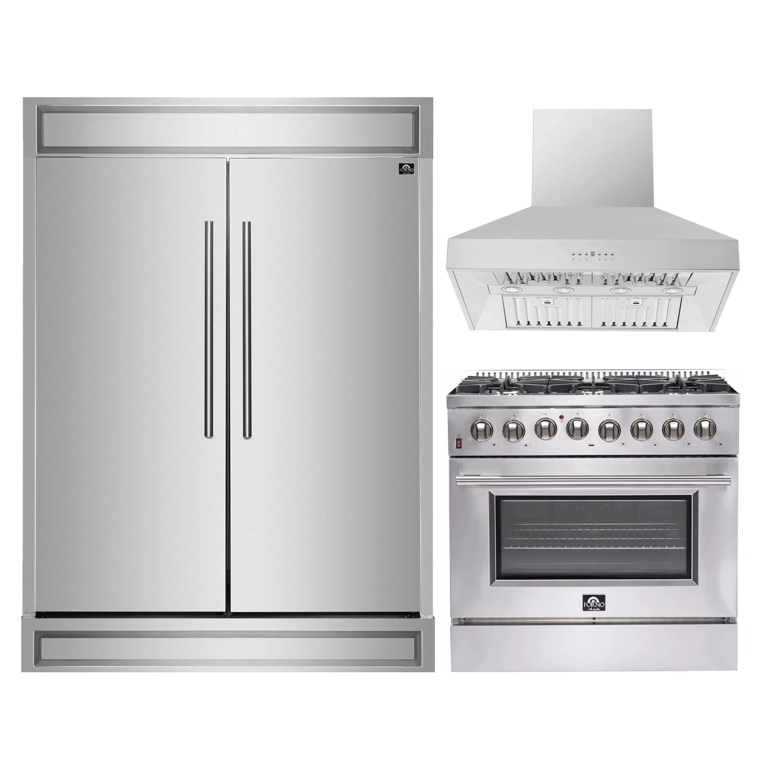 Stainless steel refrigerator, wall mount hood, and dual fuel range in one view