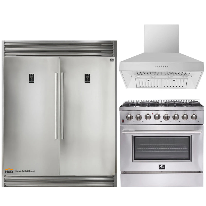 Forno 3-Piece Appliance Package - 36-Inch Dual Fuel Range, 60-Inch Pro-Style Refrigerator & Wall Mount Hood in Stainless Steel