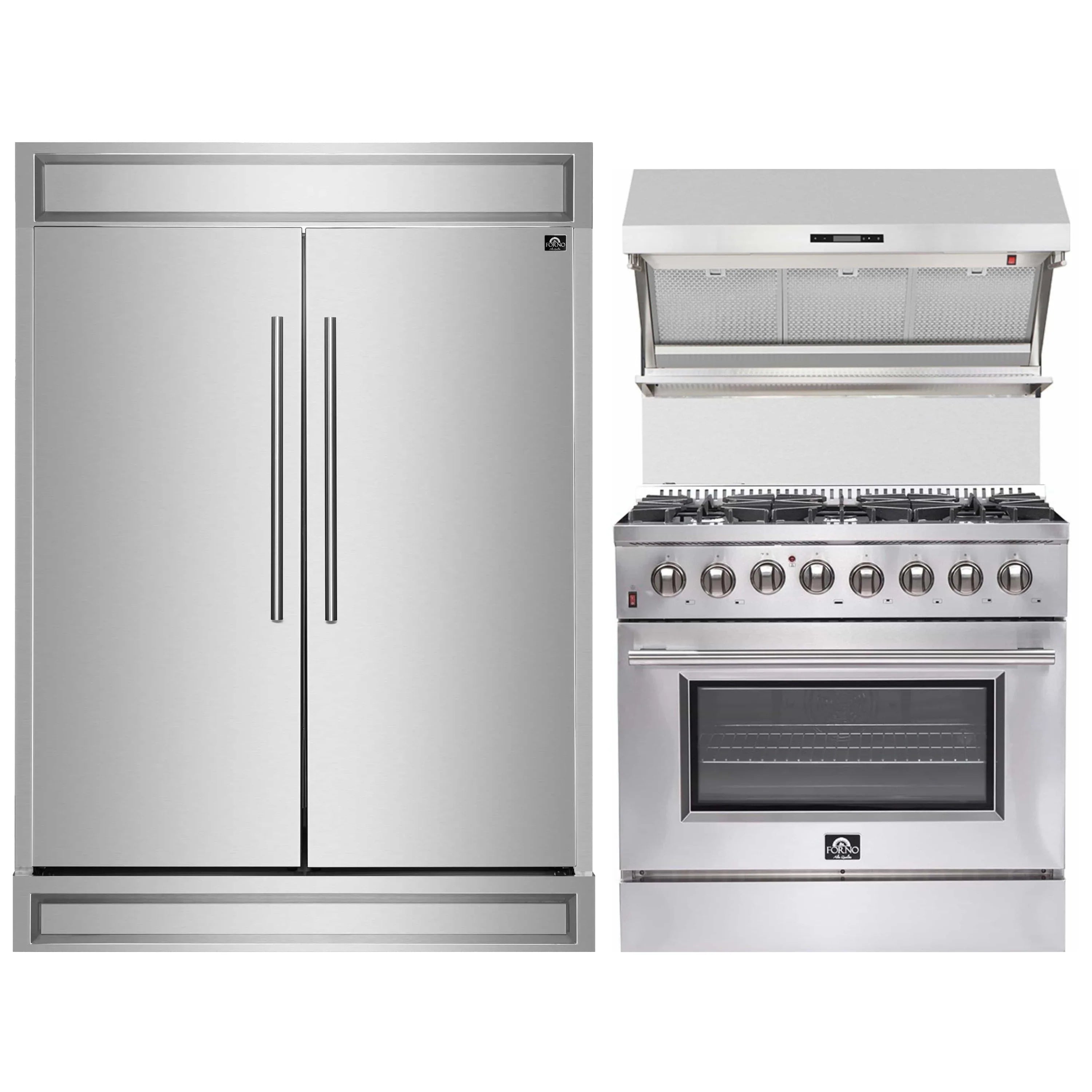Stainless steel refrigerator doors and 36-inch dual fuel range with oven front