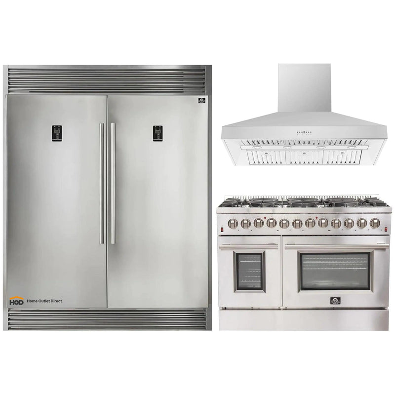 Forno 3-Piece Appliance Package - 48-Inch Dual Fuel Range, 60-Inch Pro-Style Refrigerator & Wall Mount Hood in Stainless Steel