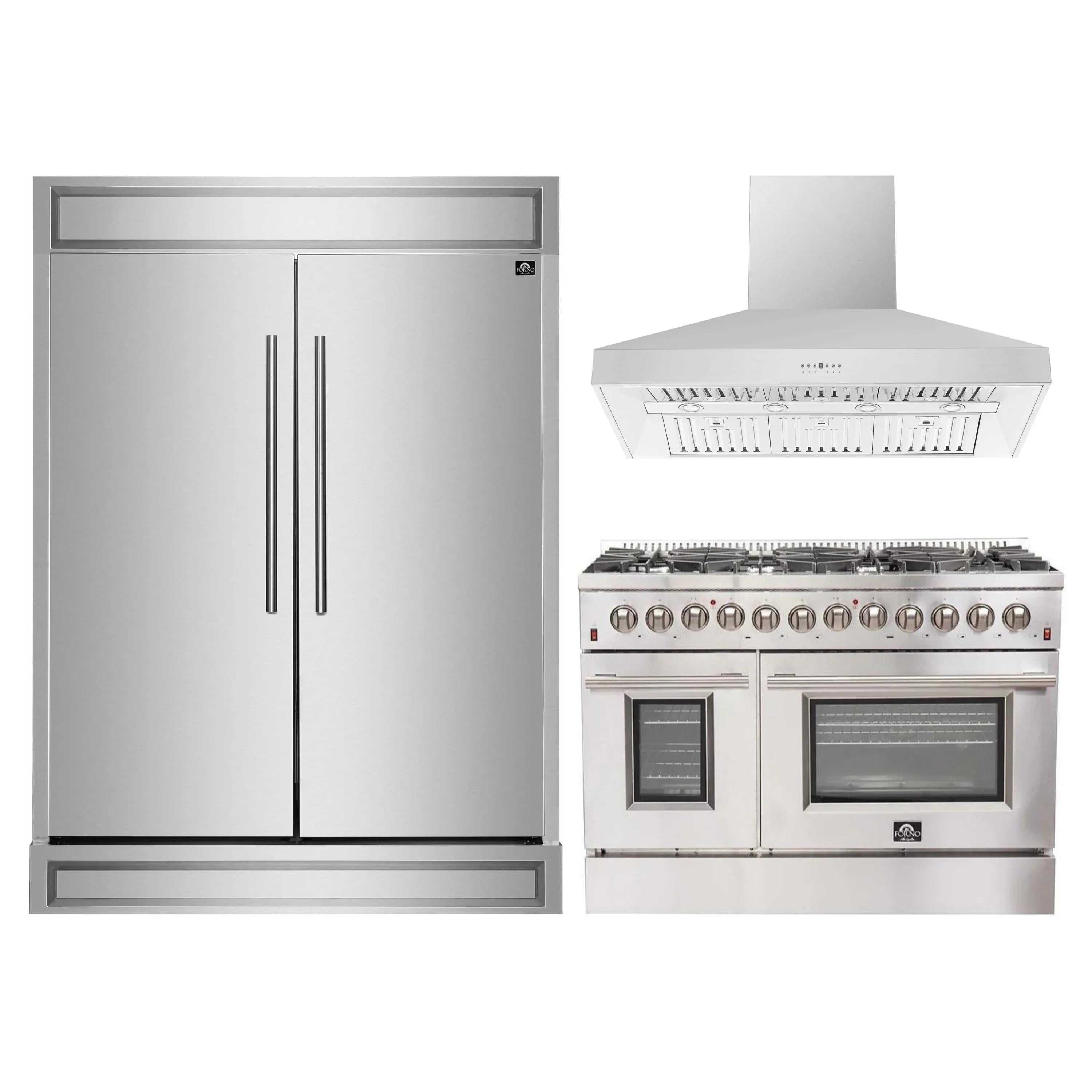 Stainless steel refrigerator beside pro-style range with overhead wall hood