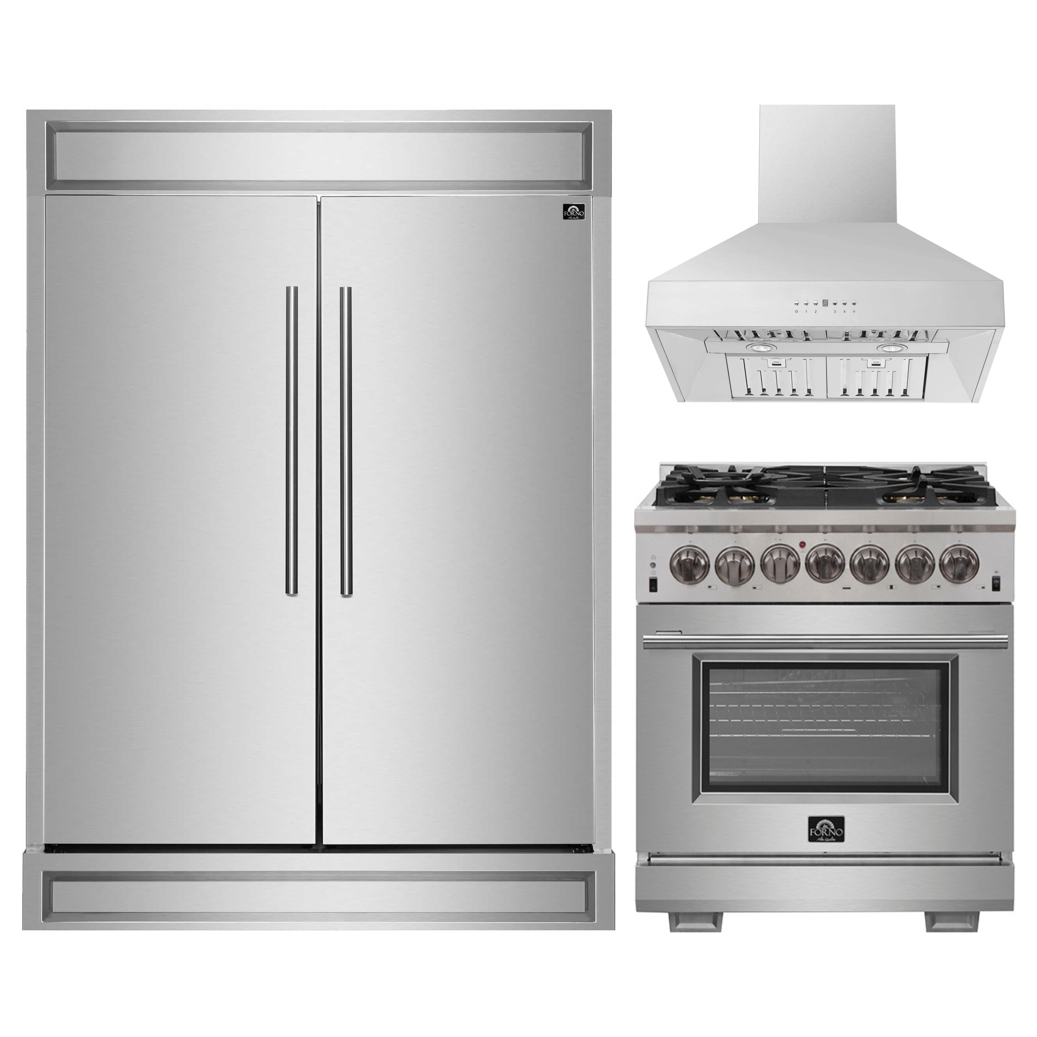 Stainless steel refrigerator, range, and wall hood shown together as a set.