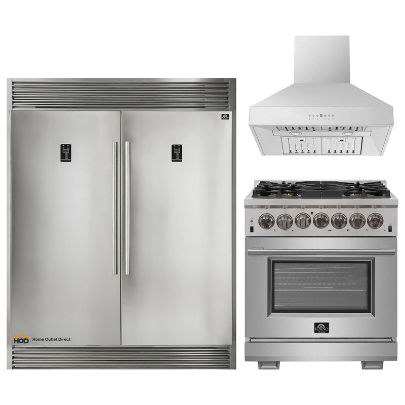 Forno 3-Piece Pro Appliance Package - 30-Inch Dual Fuel Range, 60-Inch Pro-Style Refrigerator & Wall Mount Hood in Stainless Steel