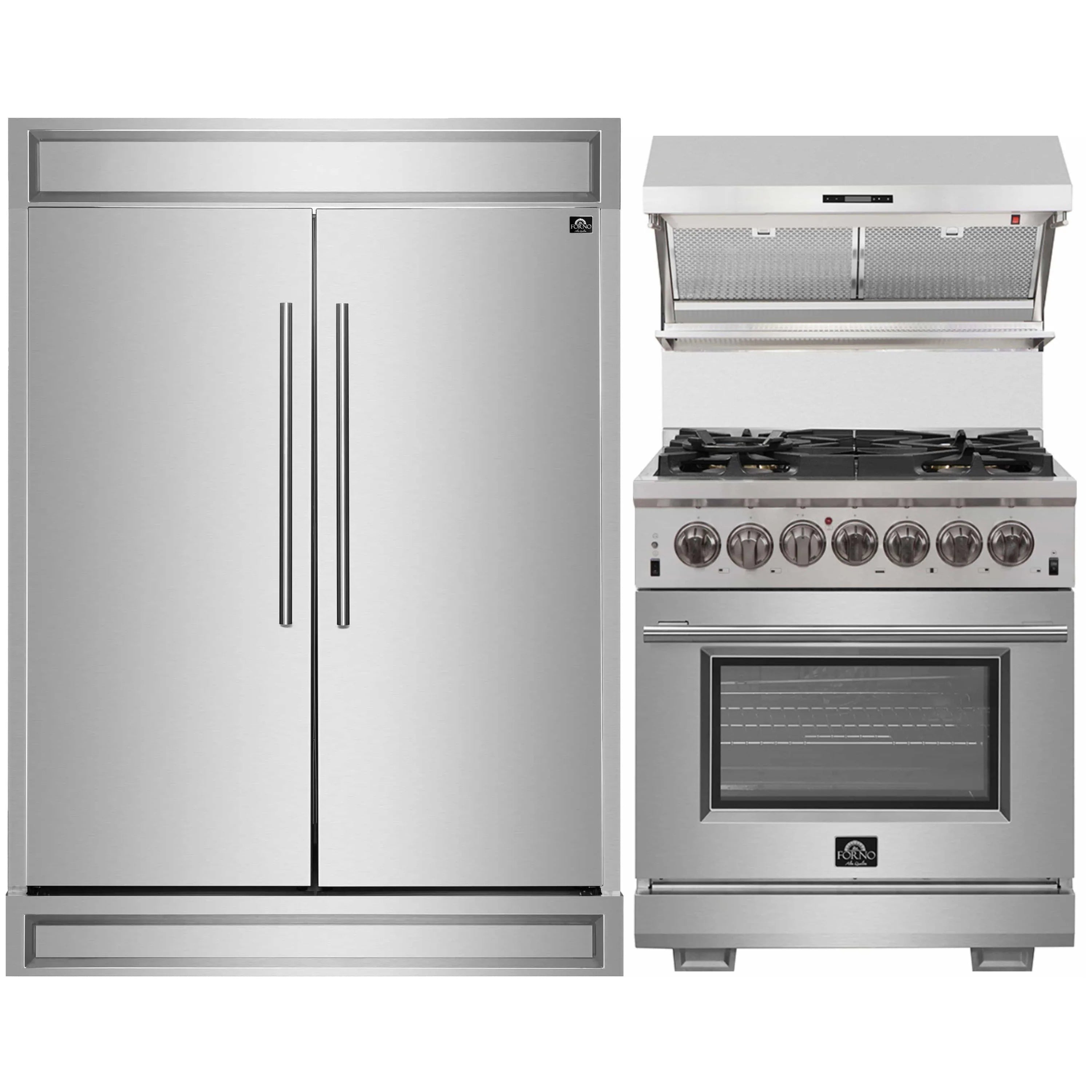 Stainless steel refrigerator with double doors beside a pro-style dual fuel range